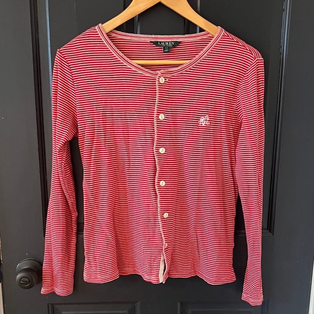 Lauren Ralph Lauren Red and White Button-Up Cardigan